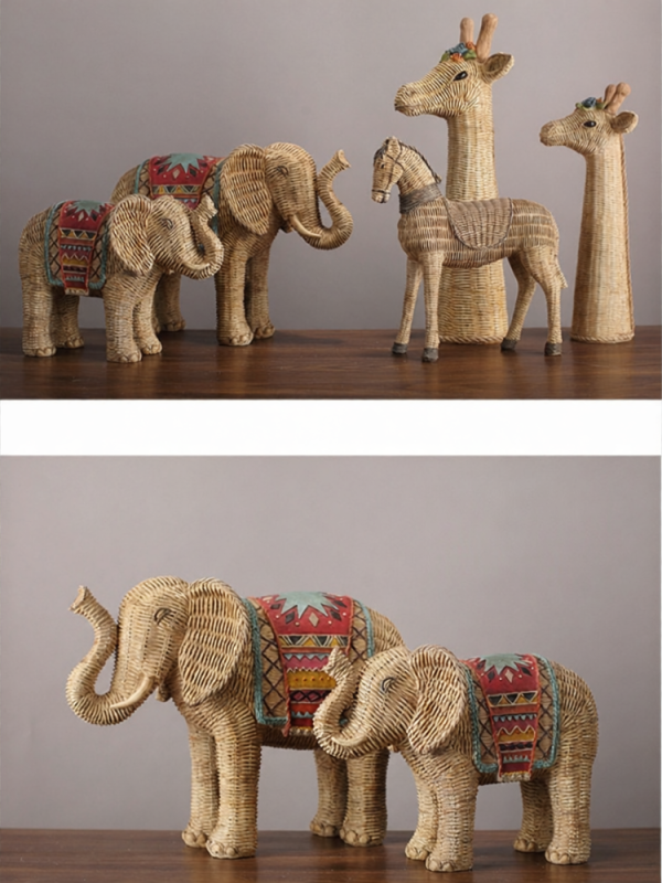 Hand-painted Rattan Elephant Decor