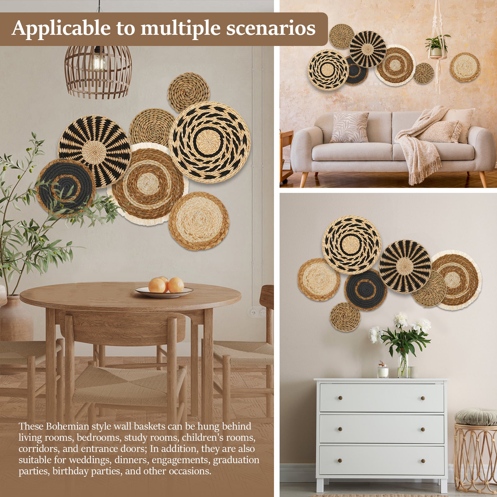 7 Pack Boho Rattan Wall Basket Set